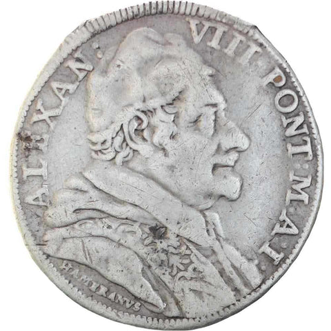 1690 Italian States Papal Vatican Pope Alexander VIII silver Testone 30 Baiocchi coin