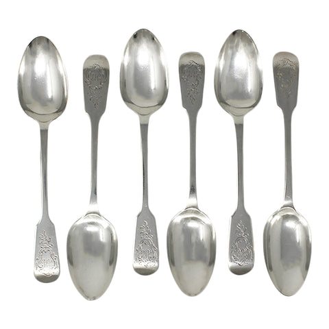 1850 Antique Victorian Era Sterling Silver Set Six Tea Spoons Silversmith Joseph & Albert Savory London Hallmarks