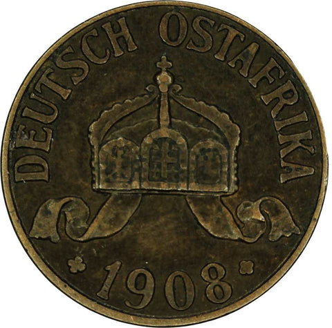 1908 J German East Africa Wilhelm II Bronze one Heller coin