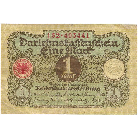 1920 1 Mark Germany Banknote Weimar Republic Darlehnskassenschein