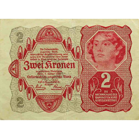 1922 January 2 Austria two Kronen  banknote