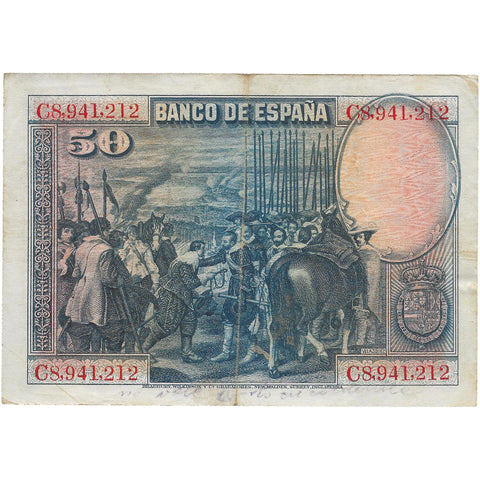 1928 50 Pesetas Spain Banknote Portrait of Diego Velázquez