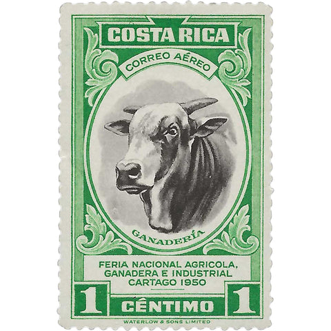 1950 1 Costa Rican Céntimo Costa Rica Stamp Stock Bull (Bos primigenius taurus) Agricultural exhibition in Cartago