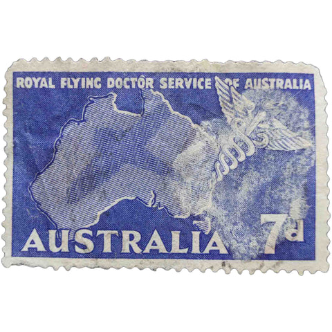 7 d - Australian Penny 1957 Used Postage Stamp Map of Australia and Caduceus