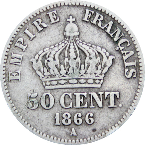 France 1866 50 Centimes Napoleon III Coin Silver
