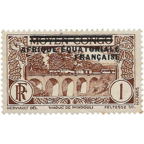 French Equatorial Africa Stamp 1936 1 French centime Viaduc de Mindouli-Viaduct Mindouli Overprinted