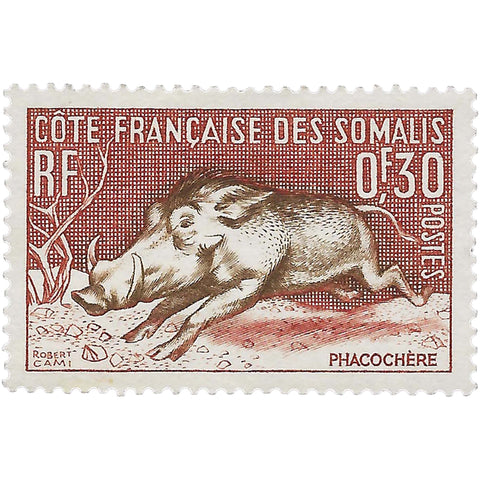 French Stamp 1959 0.3 Franc Brown Common Warthog (Phacochoerus africanus)