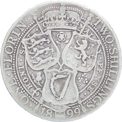 Great Britain Queen Victoria 1899 Two Shillings Florin Silver Coin (3rd portrait)