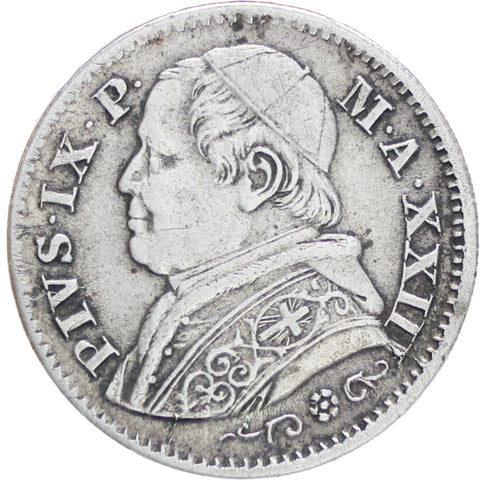 Italy States Papal 1 Pius IX 1869 R 10 Soldi Silver Coin XXIII