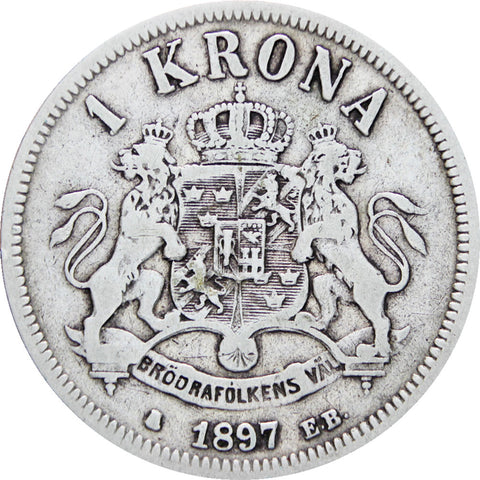 Sweden 1897 1 Krona Oscar II Coin Silver
