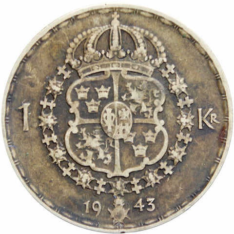 Sweden 1943 G 1 Krona Gustaf V Silver Coin Crosslet 4
