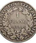 1881 A One Franc France Coin Silver Paris Mint