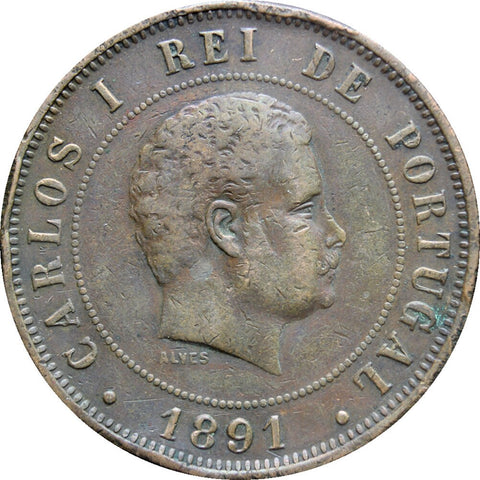 1891 20 Reis Coin Carlos I Portugal Coins Europe Numismatic Old Money Collectible Engraver Valancio Alves