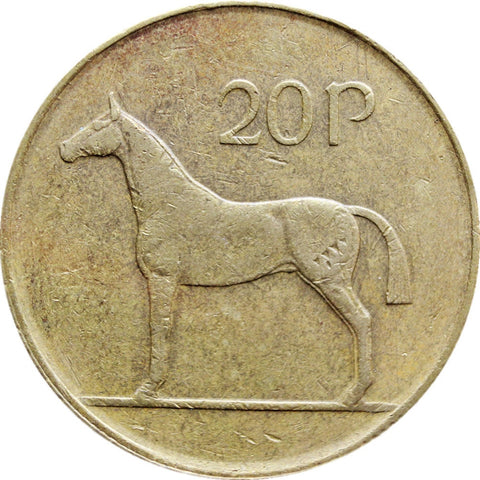 Coin 1986 20 Pingin Ireland Coins Old Money Collectible Numismatic Gaelic harp Cláirseach Irish hunting horse, facing left.
