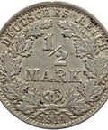 1914 A Germany Half Mark Wilhelm II Coin Silver (type 2 - small shield)