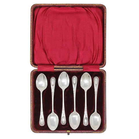 1911 Antique George V Era Sterling Silver Set Six Coffee Spoons with original Case Silversmith Frank Wood Sheffield Hallmarks