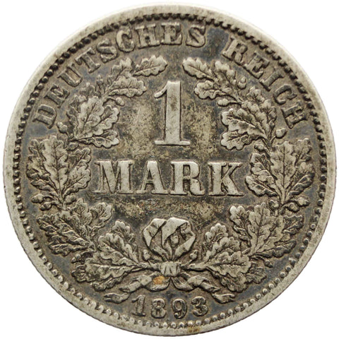 1893 F One Mark Germany Wilhelm II Coin Silver (type 2 - small shield) Stuttgart Mint