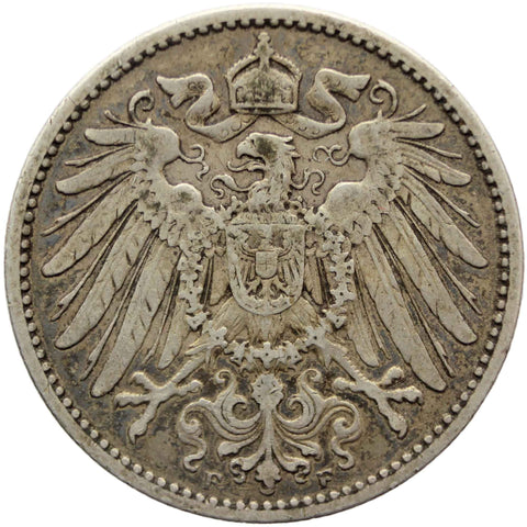 1893 F One Mark Germany Wilhelm II Coin Silver (type 2 - small shield) Stuttgart Mint