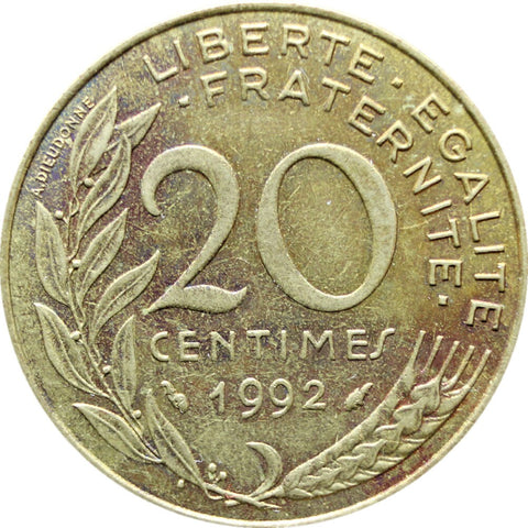 1992 20 Centimes France Coin Marianne Dolphin Mark