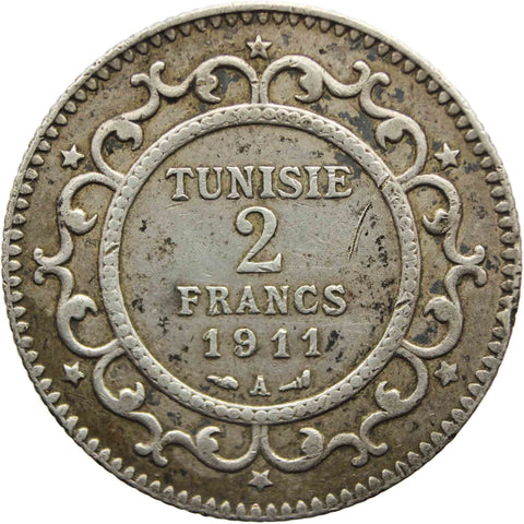 1911 2 Francs Tunisia Muhammad V Silver Coin