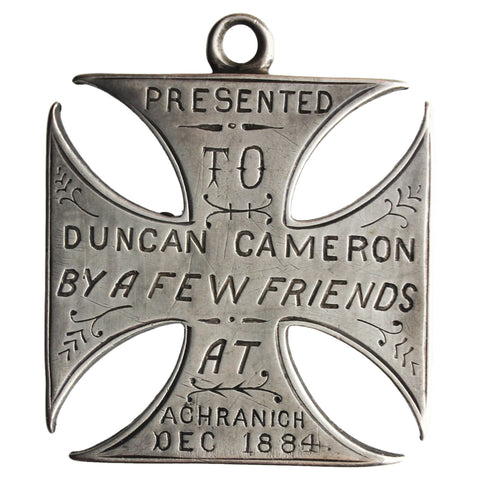 Ardtornish Scotland 1883 Antique Duncan Cameron Sterling Silver Cross Medal Silversmith Henry Cook Birmingham Hallmarks Achranich