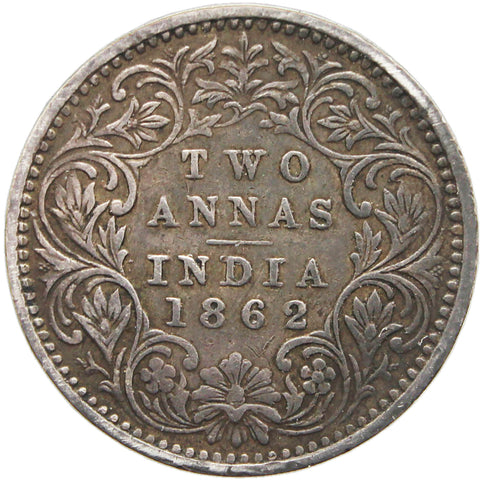 1862 Two Annas India British Queen Victoria Silver Coin Bombay Mint