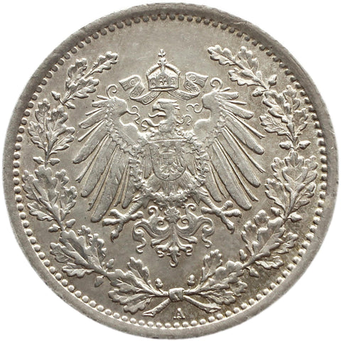 1915 A Germany Half Mark Wilhelm II Coin Silver (type 2 - small shield) Berlin Mint