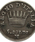 1814 5 Soldi Kingdom of Italy Napoleon I Silver Coin Edge with Stars Milan Mint