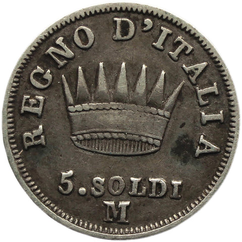 1814 5 Soldi Kingdom of Italy Napoleon I Silver Coin Edge with Stars Milan Mint