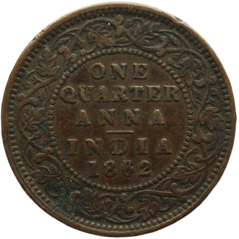 1862 Quarter Anna India British Queen Victoria Copper Coin Type A bust, type 1 reverse, Calcutta Mint