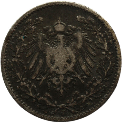 1909 J Germany Half Mark Wilhelm II Coin Silver (type 2 - small shield) Hamburg Mint