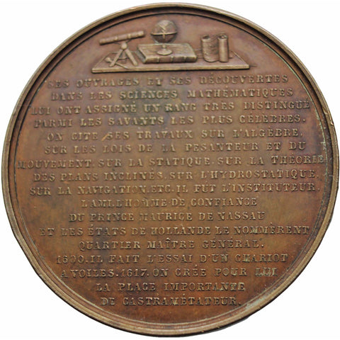 1848 Antique Medal Belgium Simon Stevin, a Flemish Mathematician Military Engineer Medalist Adolphe Christian Jouvenel