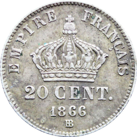 1866 BB 20 Centimes France Napoleon III Coin Silver