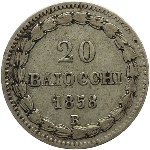 1858 20 Baiocchi Pio IX Papal States Silver Coin