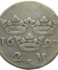 Rare 1693 2 Mark Sweden Silver Coin Charles XI Type III