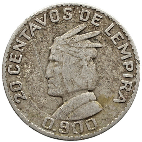 1951 20 Centavos Honduras Coin Silver Portrait of Lempira