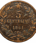 1861 M 5 Centesimi Italy Coin Vittorio Emanuele II Milano Mint