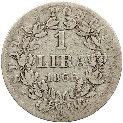1866 Italy States Papal One Lira Pius IX Silver Coin