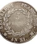 AN XI 5 Francs 1802 Silver Coin France Napoleon Bonaparte Marseille Mint