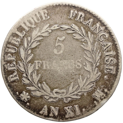AN XI 5 Francs 1802 Silver Coin France Napoleon Bonaparte Marseille Mint