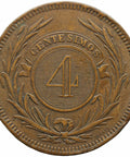 1869 Uruguay 4 Centesimos Coin