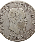 1863 Lira Italy Vittorio Emanuele II Silver Coin Milan Mint