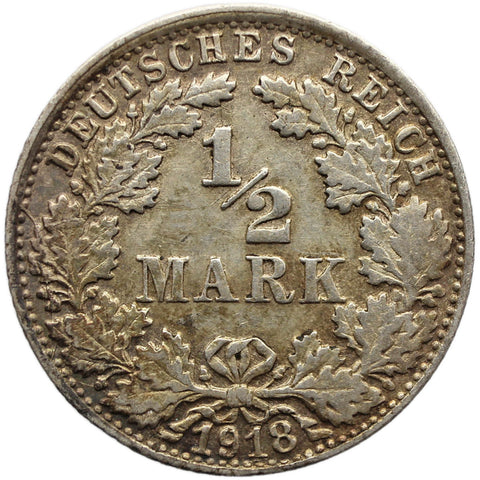 1918 F Germany Half Mark Wilhelm II Coin Silver Stuttgart Mint