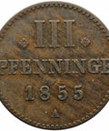 1855 A 3 Pfenninge Grand Duchy of Mecklenburg-Strelitz German Coin
