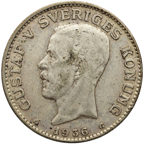 1936 G One Krona Sweden Coin Gustaf V Silver