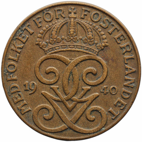 1940 2 Öre Sweden Coin Gustaf V