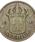 1916 W 25 Öre Sweden Coin Gustaf V Silver