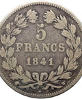 1841 W 5 Francs France Coin Louis-Philippe I Silver Lille Mint
