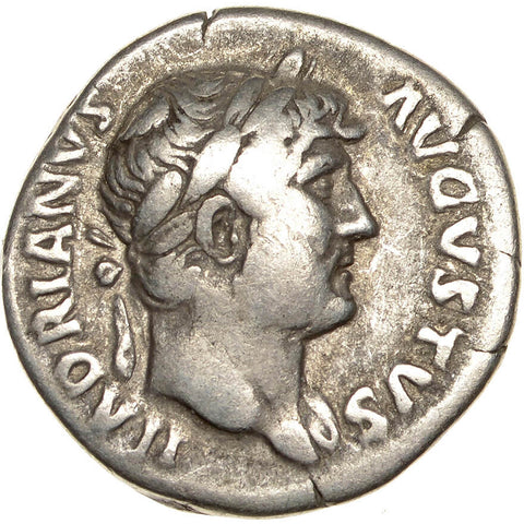 125-128 AD Roman Empire Coin Hadrian Denarius Silver Simpulum, sprinkler, jug, and lituus