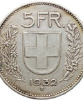1932 5 Francs Switzerland Coin Helvetica Bern Mint Silver